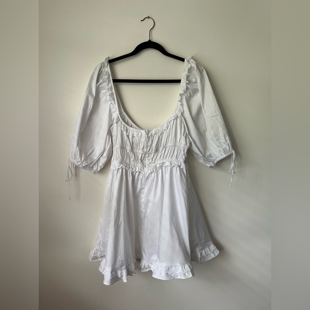 FOR LOVE & LEMONS Puff Sleeve Eyelet Ruffle White Mini Dress NWT Women’s XL - Picture 5 of 10